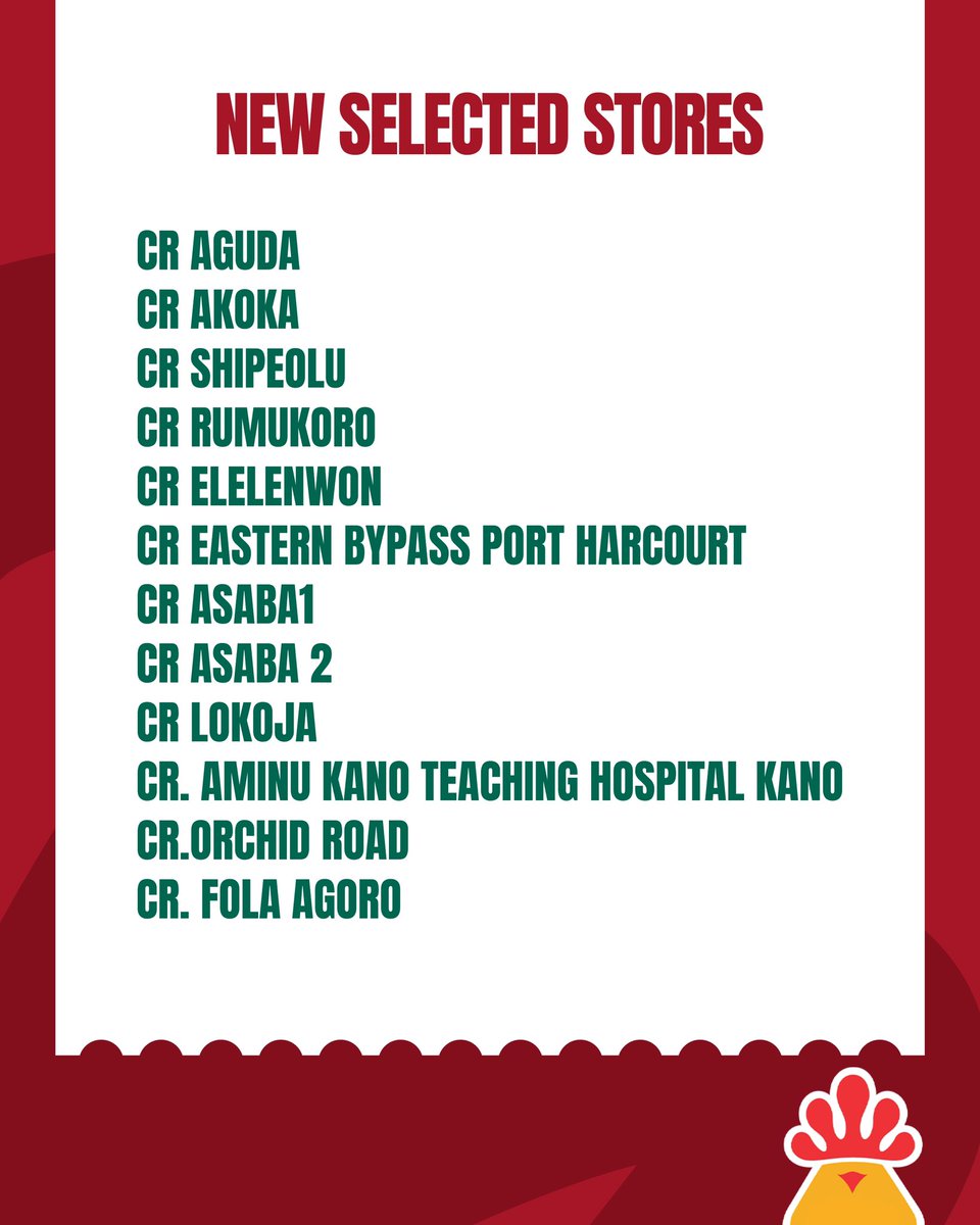 ChickenRepublic's tweet photo. You requested. We delivered. 🥳

12 new Chicken Republic stores are now open for collection. 💃

Swipe to see if one is near you, then pick your collect. 👉🏾

Walk in a nearby select store to collect now. 

#ChickenRepublic #NiceNice #EveryCitizenMustCollect https://t.co/tkkGvsBved