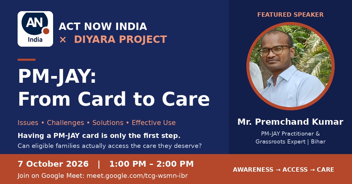 actnowindia01's tweet photo. PM-JAY: From Card to Care 🏥

A PM-JAY card is only the beginning. Are eligible families able to access and use their healthcare benefits?

Act Now India &amp; Diyara Project bring grassroots experience into the conversation on access, challenges &amp; solutions.

#PMJAY #HealthCare https://t.co/HDbUM8rFSL