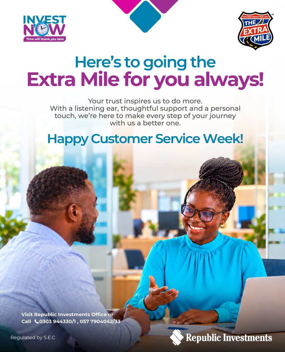 republicinvest's tweet photo. Your trust inspires us to do more. Happy Customer Service Week. Dial #737#80 or call 057 7904042/33 to speak to an expect now. #2026customerserviceweek #republicinvestmentsgh https://t.co/YQXAvFUqvB