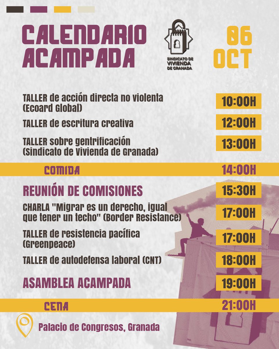 SVGranada's tweet photo. 🔑TERCER DÍA DE LA ACAMPADA EN CONGRESOS🔑

📆CRONOGRAMA DIA 6 DE OCTUBRE

🔥¡ACUDE, PARTICIPA, APOYA!🔥 https://t.co/CYx9E1m9BO