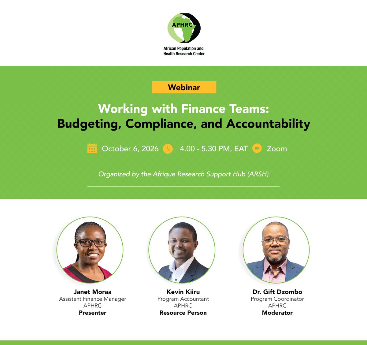 aphrc's tweet photo. Grant management involves more than spending against a budget. Join us today at 4 PM EAT to learn practical ways to track expenditure, strengthen documentation, navigate compliance, manage re-budgeting, & prepare for audits.
🔗Register: https://t.co/aH0vPkPyi1
#IamAPHRC #ARSH https://t.co/G8BaUGgUT5