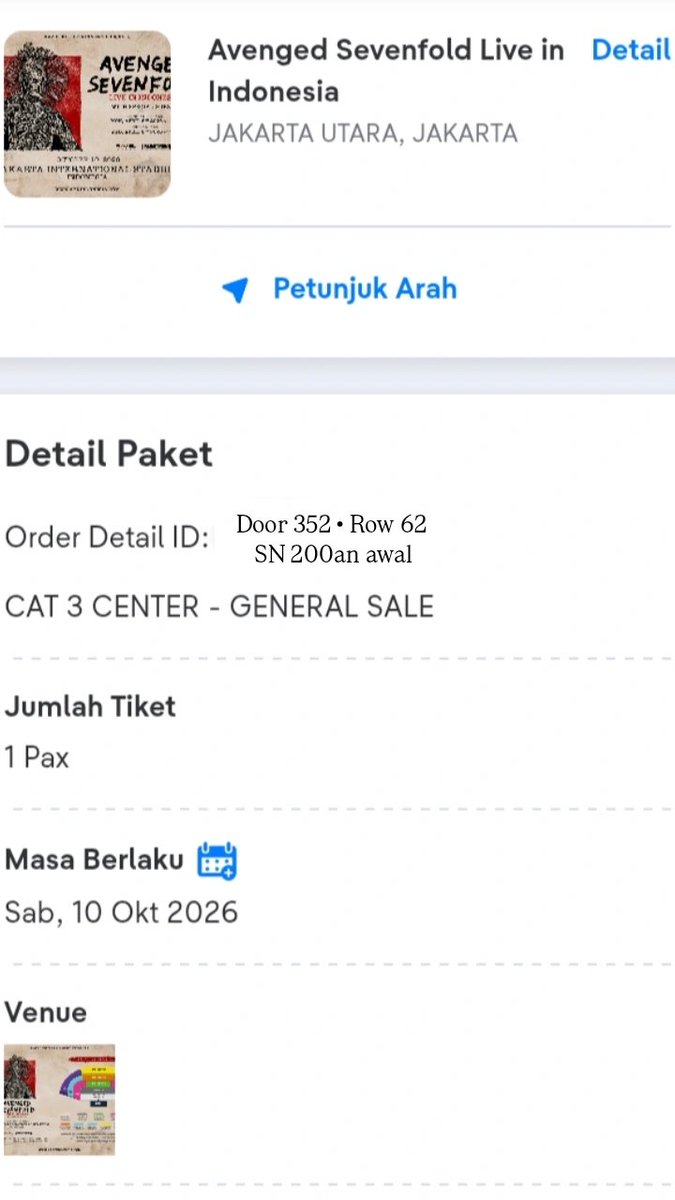 acetylcysteinec's tweet photo. WTS [WANT TO SALE]

Di jual 1 tiket Cat 3 Center A7X 
Door 352 • Row 62 • SN 200an awal
Alesan jual karena yg punya sakit cacar gabisa dateng

Harga normal web (nego tipis)
Bisa cod venue 
Dibantu sampe jadi wristband 

Minat bisa DM yaa, makasih 🙏☺️

#wts #avengedsevenfold https://t.co/M0o8xD577a