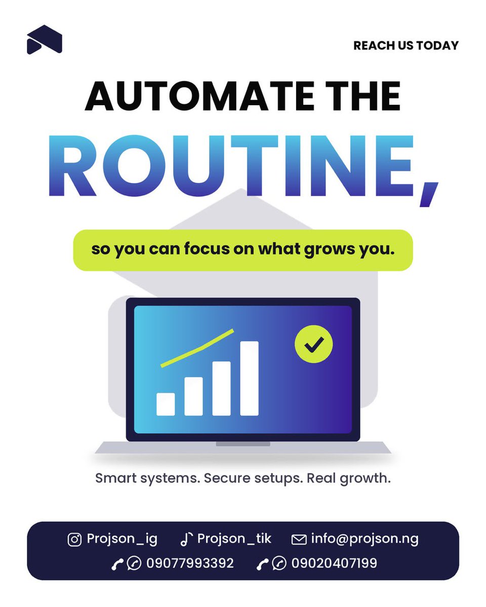 projson_tw's tweet photo. Automate the routine, so you can focus on what grows you. βοΈπ Smart systems. Secure setups. Real growth.
π Stop losing time to repetitive work.
DM us today and let's build your growth system.
#Projson #BusinessAutomation #SmartSystems #DigitalGrowth #LagosBusiness https://t.co/uPJYF6PrhW
