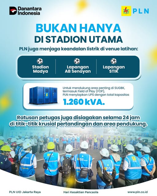 MarosElectrizen's tweet photo. PLN UID Jakarta Raya memastikan kesiapan sistem kelistrikan untuk mendukung FIFA ASEAN Cup 2026 yang berlangsung pada 25 September–5 Oktober 2026. ⚡⚽

Listrik andal, pertandingan pun siap berjalan maksimal. 💙⚡
#plndisjaya #plnuidjakartaraya #fifaaseancup2026 https://t.co/L0zGCk7BIi