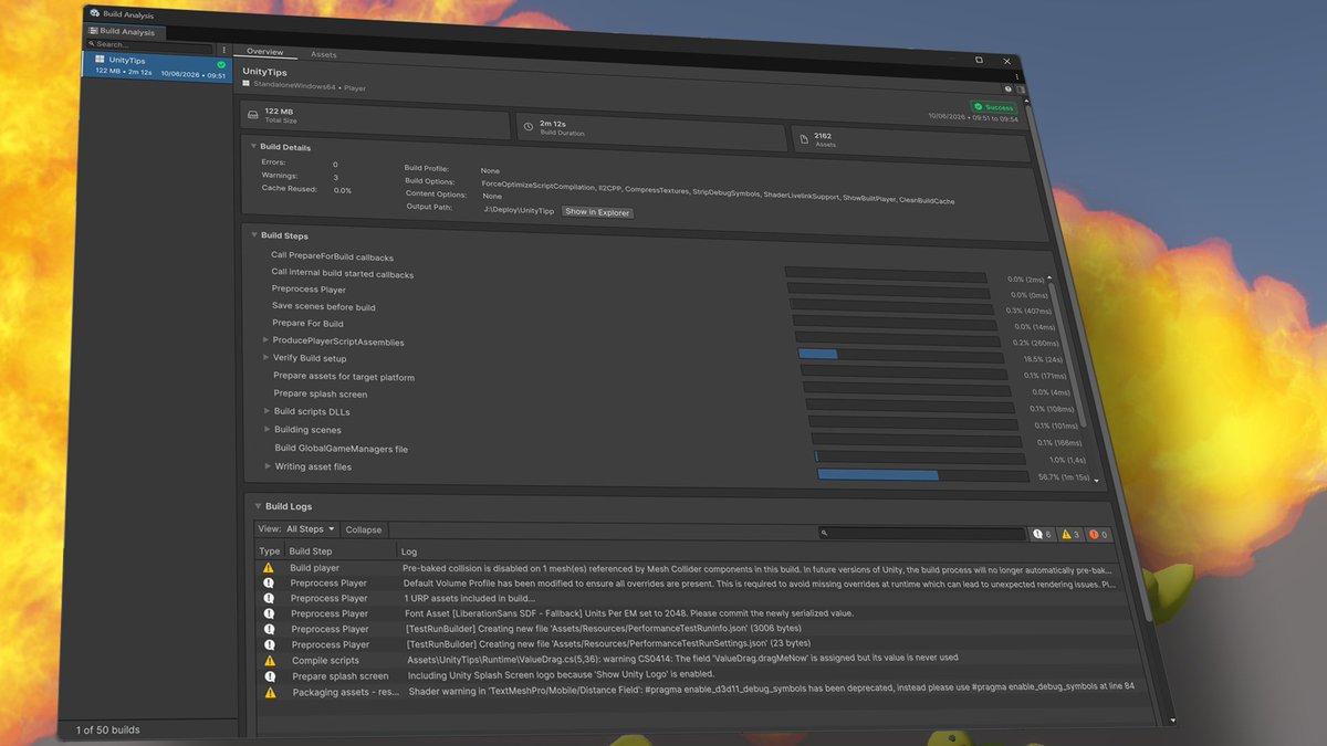 BinaryImpactG's tweet photo. #UnityTips 

Unity 6.6 adds a Build Analysis window! 

After builds, it inspect reports from Library/BuildHistory to understand build output and history. 

#gamedev #indiedev https://t.co/An99PbJQ3f