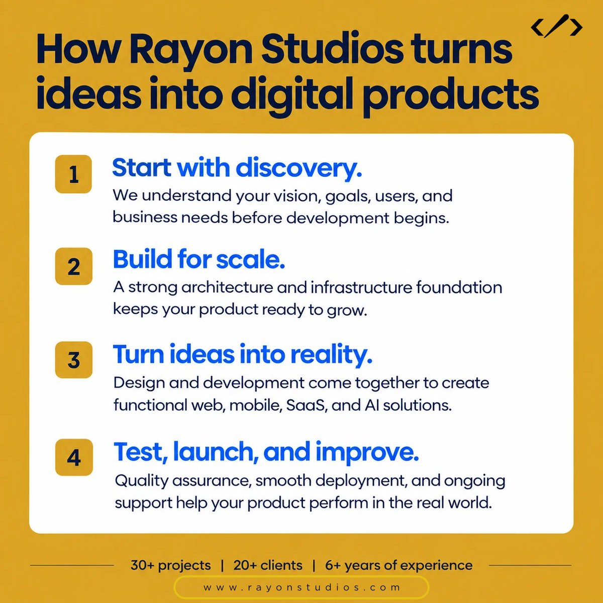 rayonstudios's tweet photo. What happens when a great idea is ready to become a real digital product?

An idea is only the starting point. Turning it into something useful requires the right combination of strategy, UI/UX, development, technology, and scalability.

From websites and mobile applications to SaaS platforms and AI powered solutions, the goal should not simply be to build something that works. It should be to create a product that solves a real problem, delivers a better user experience, and has the foundation to grow with the business.

That is where the right development approach makes a difference.

At Rayon Studios, we focus on transforming ideas into functional digital products that are built around real business goals and user needs.

If you had the opportunity to turn one idea into a digital product, what would you build?

#RayonStudios #DigitalProductDevelopment #SoftwareDevelopment #WebDevelopment #AppDevelopment #SaaSDevelopment #UIUXDesign #AIIntegration #ChatbotIntegration #CustomSoftware #ProductDevelopment #DigitalTransformation #BusinessGrowth #Technology