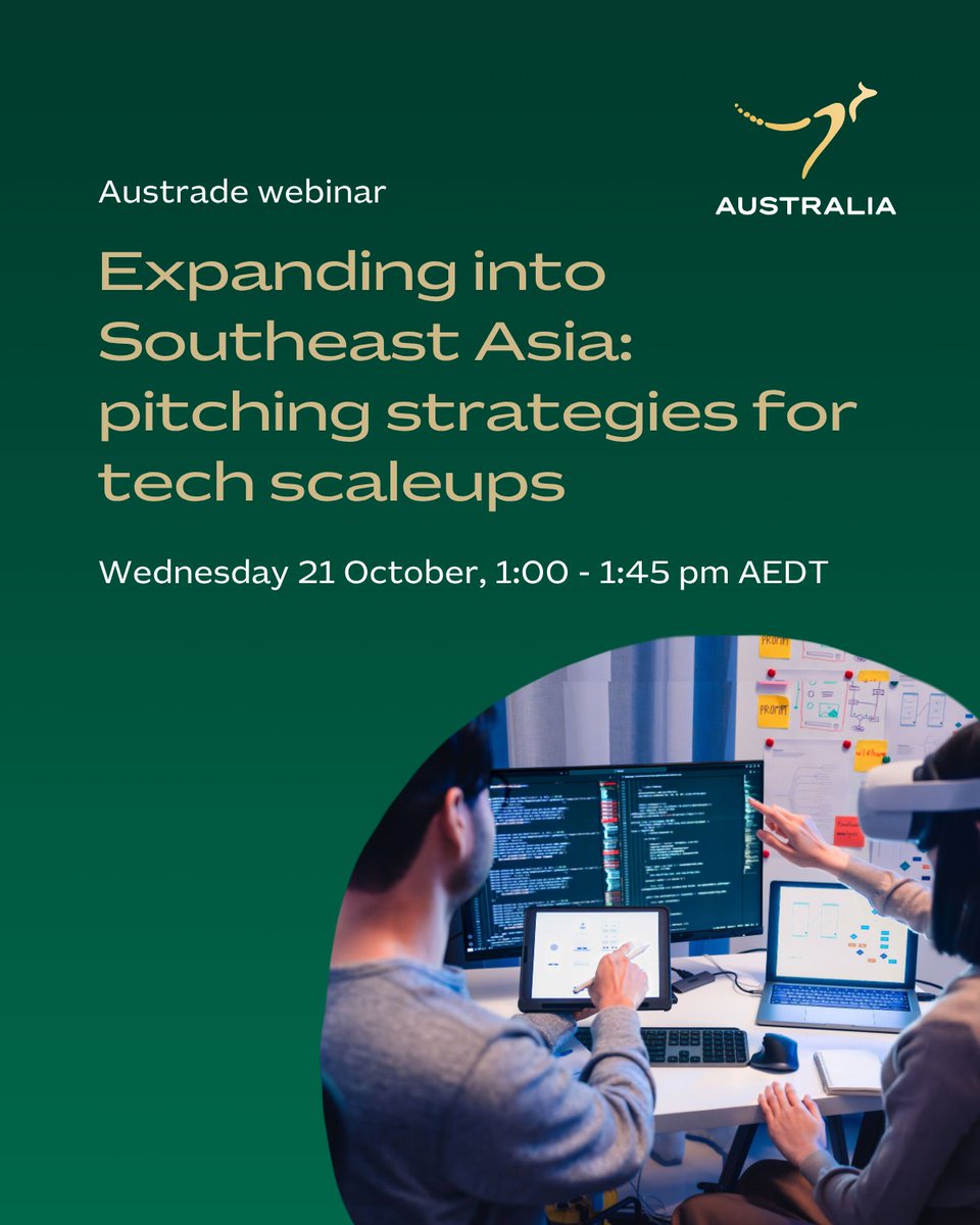 Austrade's tweet photo. Join Austrade's free webinar to learn how to pitch effectively, connect with investors, and position your tech business for growth in one of the world's fastest-growing digital economies.  
 
🔗 https://t.co/bKUCi9WNpO  

#GGT https://t.co/jdNTRSvrUU