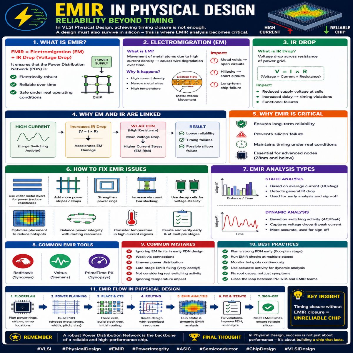 RaymingTech's tweet photo. EMIR in Physical Design: Why Reliability Matters Beyond Timing

In VLSI Physical Design, timing closure alone doesn’t guarantee a working chip.
The real challenge? Making sure the design survives in silicon.
That’s where EMIR (Electromigration & IR Drop) comes in.

What is EMIR?
EMIR = Electromigration (EM) + IR Drop (Voltage Drop)

It ensures the power distribution network (PDN) is:
⚡ Electrically robust
⏳ Reliable over time
✅ Safe under real operating conditions

1. Electromigration (EM)
Movement of metal atoms due to high current density → wire degradation over time.

🔍 Why? High current density + narrow wires + high temperature

⚠️ Impact:

Metal voids → open circuits

Hillocks → short circuits

Long-term chip failure

2. IR Drop
Voltage drop across power grid resistance (V = I × R)

⚠️ Impact:

Reduced supply voltage at cells

Increased delay → timing violations

Functional failures

Why EM and IR are linked
🔗 High current → higher IR drop + faster EM damage
🔗 Weak PDN → more resistance → more voltage drop → higher EM risk

Why EMIR is critical
✅ Ensures long-term reliability
✅ Prevents silicon failure
✅ Maintains timing under real conditions
✅ Essential for advanced nodes (28nm & below)

How to fix EMIR issues

Use wider metal layers for power

Add more power stripes / straps

Strengthen power rings

Increase via count (via stacking)

Add decap cells for voltage stability

Optimize placement to reduce hotspots

Analysis types
📊 Static – average current, general IR drop
⚡ Dynamic – switching activity, voltage droop & peak current

Common tools
RedHawk | Voltus | PrimeTime PX

Common mistakes
❌ Ignoring EM limits in early PDN design
❌ Weak via connections
❌ Uneven power distribution
❌ Fixing EMIR too late (costly!)

Best practices
✅ Plan strong PDN early (floorplan stage)
✅ Run EMIR checks at multiple stages
✅ Monitor hotspots continuously
✅ Balance power integrity with routing resources

Key takeaway
🎯 Timing closure without EMIR closure = unreliable chip.

In physical design, success isn’t just about performance — it’s about building a chip that lasts.

#VLSI #PhysicalDesign #EMIR #PowerIntegrity #ASIC #Semiconductor #ChipDesign #VLSIDesign