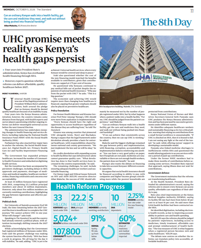 KELINKenya's tweet photo. Universal Health Coverage (UHC) isn't measured by how many people are registered. It's measured by what happens when a patient walks into a facility.

The numbers:
✅ 33M Kenyans registered with SHA
✅ 5,024+ facilities contracted
✅ 107,800 Community Health Promoters employed
✅ KEMSA fill rate up from below 40% to 91%

⚠️ But only about 5M members are currently remitting contributions. Delayed approvals and payments, medicine shortages and health worker strikes persist.

@MalecheAllan: "UHC should be judged from the patient's experience."

#UniversalHealthCoverage #HealthRights #HealthGovernance

@Trans4mHealthKe  @Trans4m_Health  @MalecheAllan  @RaiseYourV_oice