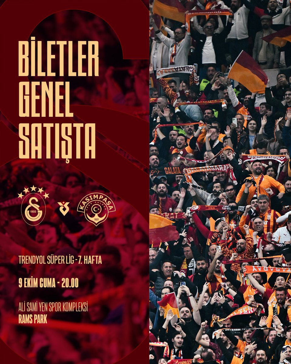 GalatasaraySK's tweet photo. 🦁 CUMA AKŞAMI 50.000 ASLAN RAMS PARK’TA! 💪

🏟️ Trendyol Süper Lig’in 7. haftasında Kasımpaşa ile 9 Ekim Cuma günü saat 20.00'de RAMS Park’ta oynayacağımız maçın biletleri GENEL SATIŞTA! #GSvKAS

🎫 Bilet satın almak için 👉 https://t.co/VC13MmWQDV https://t.co/PwDyGuvQmH
