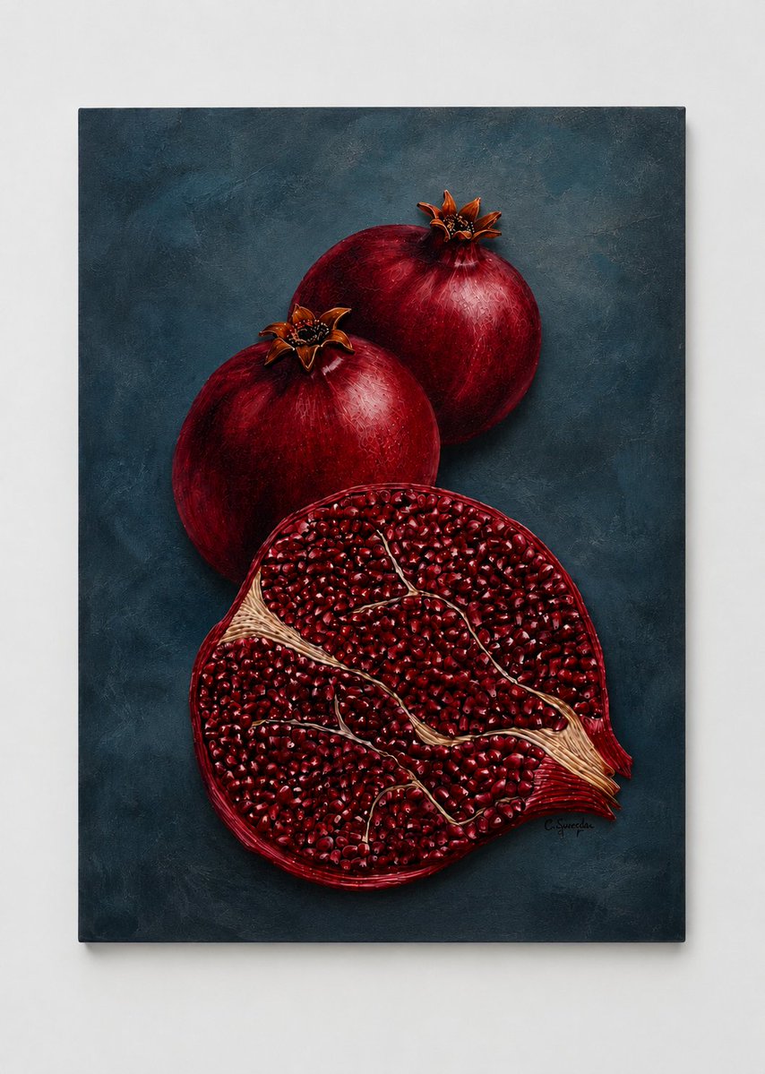 CathySavels_Art's tweet photo. A little drama from the fruit bowl! Pomegranates are such extraordinary fruits. Their rough, leathery skins conceal hundreds of jewel-like seeds, each one catching the light like a tiny ruby. #PomegranateArt #FruitStillLife #BotanicalPainting #ContemporaryStillLife #TexturedArt https://t.co/yxHqyM5pLT
