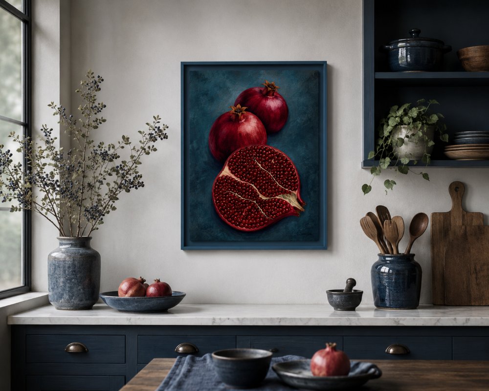 CathySavels_Art's tweet photo. A little drama from the fruit bowl! Pomegranates are such extraordinary fruits. Their rough, leathery skins conceal hundreds of jewel-like seeds, each one catching the light like a tiny ruby. #PomegranateArt #FruitStillLife #BotanicalPainting #ContemporaryStillLife #TexturedArt https://t.co/yxHqyM5pLT