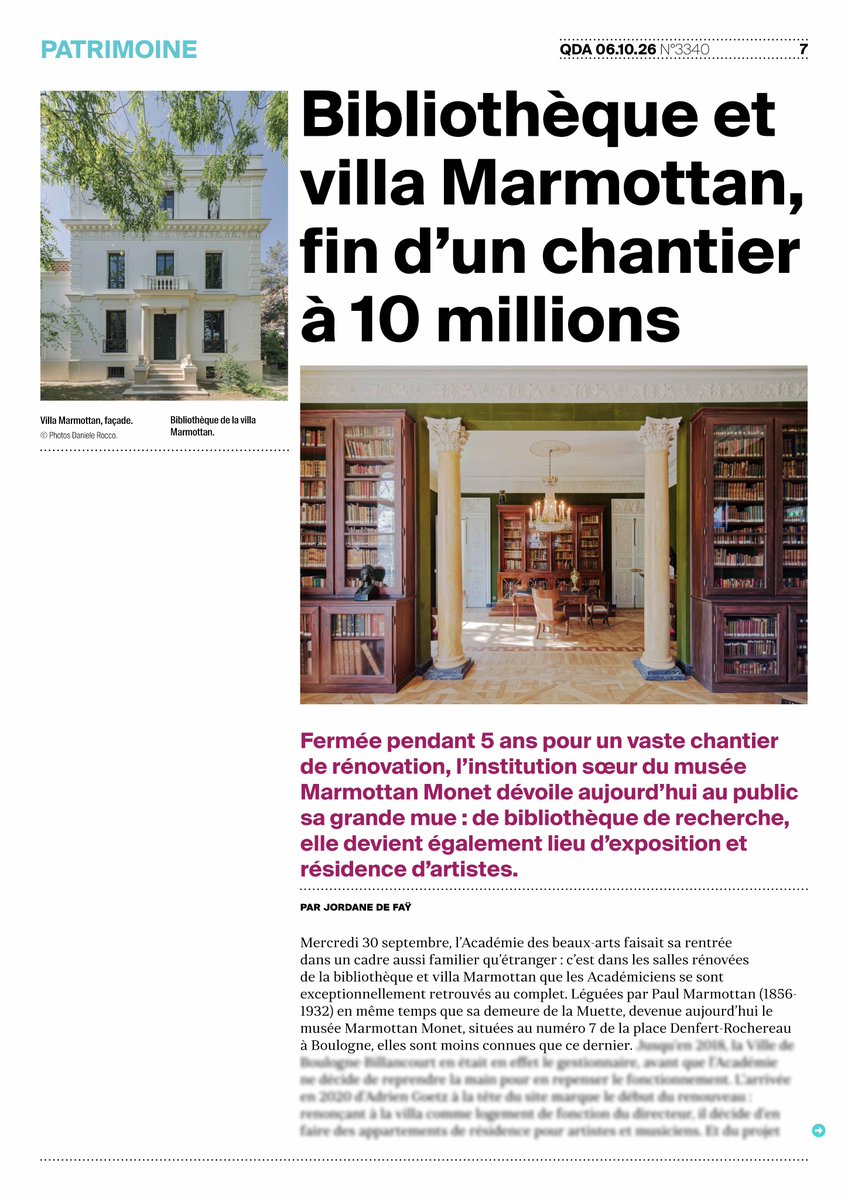 AcadBeauxarts's tweet photo. À la une du @Quotidiendelart : la Bibliothèque et Villa Marmottan, qui rouvre aujourd’hui au public après cinq années de travaux.

À découvrir dans l’article de Jordane de Faÿ : 
https://t.co/YxdfcB0yt9 https://t.co/MqVR6R0zg8