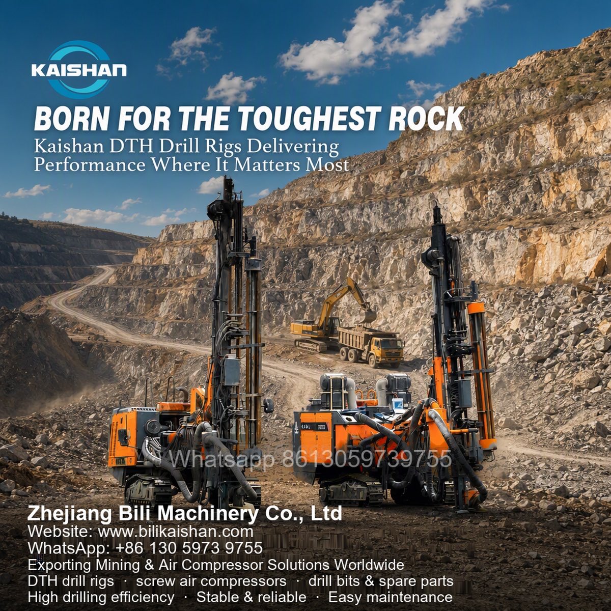 Kaishanbili's tweet photo. ⛏️Born for the toughest rock.
Kaishan DTH drill rigs work reliably in quarry & open-pit mines.
High drilling efficiency, stable performance & simple maintenance for harsh job sites.
DM us for your mining project solution!
#Kaishan #DTHDrillRig #MiningEquipment #QuarryMachinery https://t.co/OYLkv42NrV