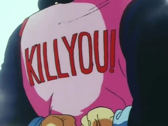 pipislover1997's tweet photo. one underappreciated thing about Japanese character design I really love is when they just put Big Words on clothes. Putting big JOJOs on the guy named Jojo in your manga named Jojo. you think up an assassin character and put a big "KILL YOU!" on his back. Thats amazing https://t.co/WJwjZKqZnq