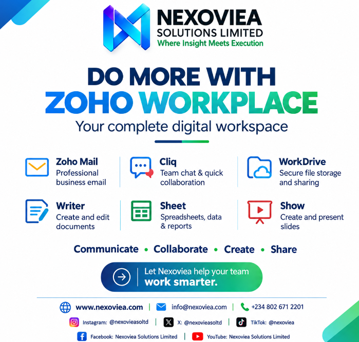 nexovieasoltd's tweet photo. Do More with Zoho Workplace
Work smarter with one powerful digital workspace.
📧 Mail | 💬 Cliq | ☁️ WorkDrive |  Writer | Sheet | Show
Communicate. Collaborate. Create. Share.
Let Nexoviea help your business work smarter.
Nexoviea Solutions Limited.Where insight meet innovation. https://t.co/WjyQ0vCCdC