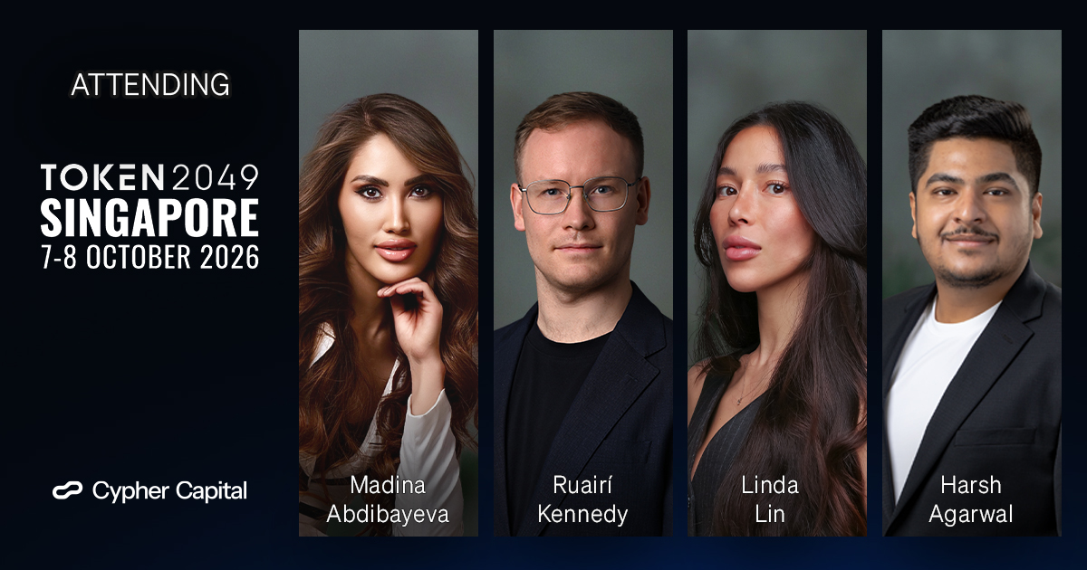 cypher_capital's tweet photo. Cypher Capital will be in Singapore during @token2049 week.

Our team on the ground will be @HarsAgarwal , Partner; Linda Lin, Director of Capital Formation; Madina Abdibayeva, Business Development Director; and Ruairí Kennedy, Director of Quantitative Research & Technology.

If you’re attending TOKEN2049 or will be in Singapore that week, get in touch - we’d be glad to connect.