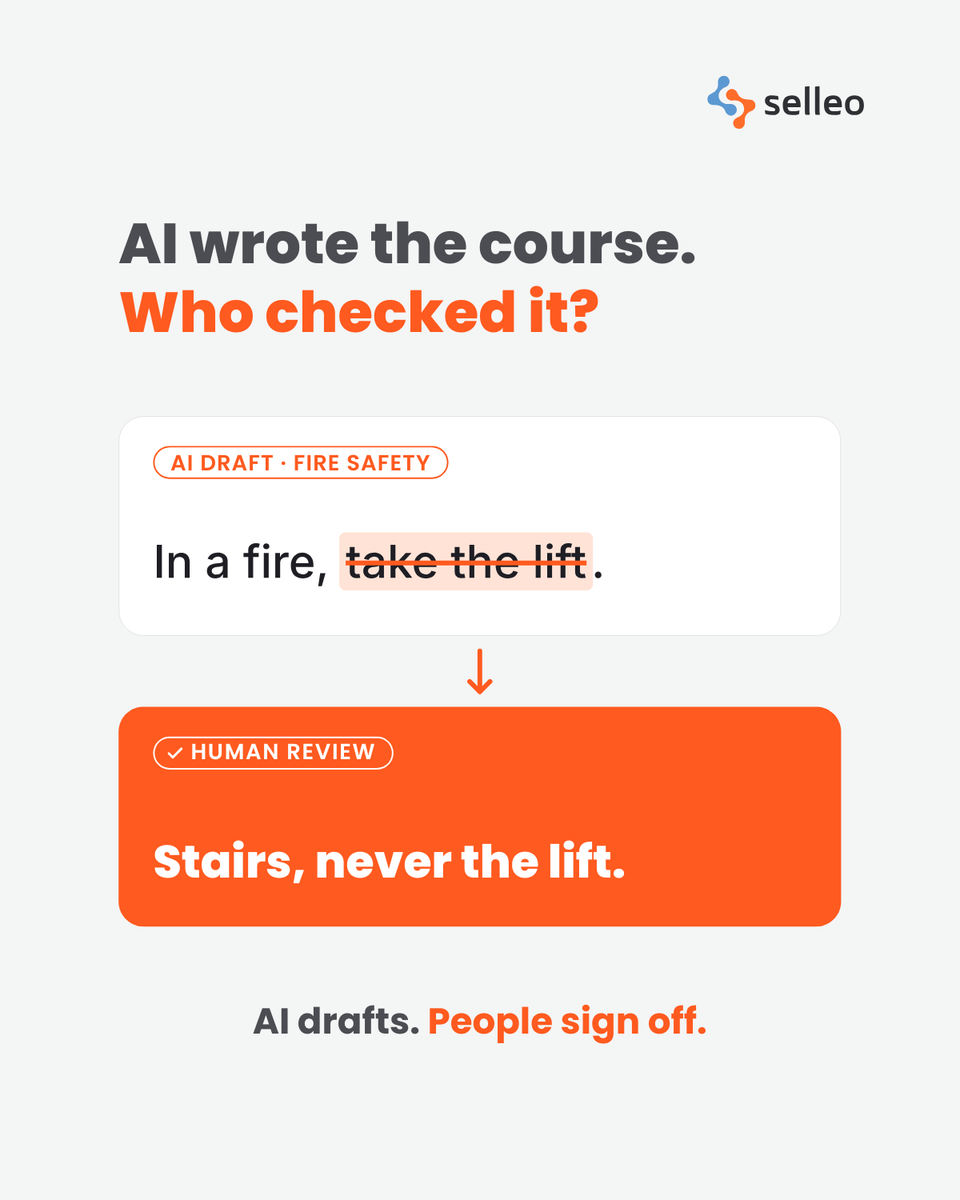 selleo's tweet photo. AI can turn a policy PDF into a course in hours. The risk starts after the draft.

For safety, onboarding or compliance content:

- One named owner signs it off
- Check facts, steps and deadlines
- Use a trusted LMS with clear security standards https://t.co/sp9O9V1m7i