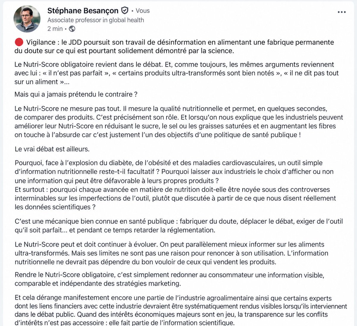 StephBesancon's tweet photo. 🔴 Vigilance #NutriScore : le JDD poursuit son travail de désinformation en alimentant une fabrique permanente du doute sur ce qui est pourtant solidement démontré par la science
https://t.co/hLrR50G4zx https://t.co/YZS04wmwT4
