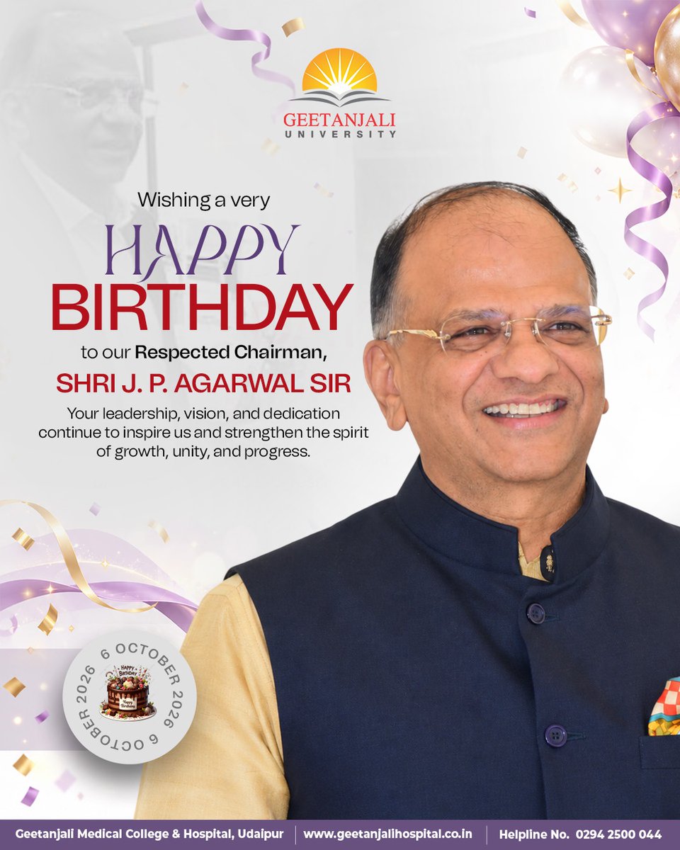 GMCHudaipur's tweet photo. Wishing a very Happy Birthday to our Respected Chairman, Shri J. P. Agarwal Sir!

Your visionary leadership, unwavering dedication and commitment to excellence continue to inspire us and strengthen the spirit of growth, unity, and progress.

#HappyBirthday #GeetanjaliUniversity https://t.co/0qm1xL3ADe