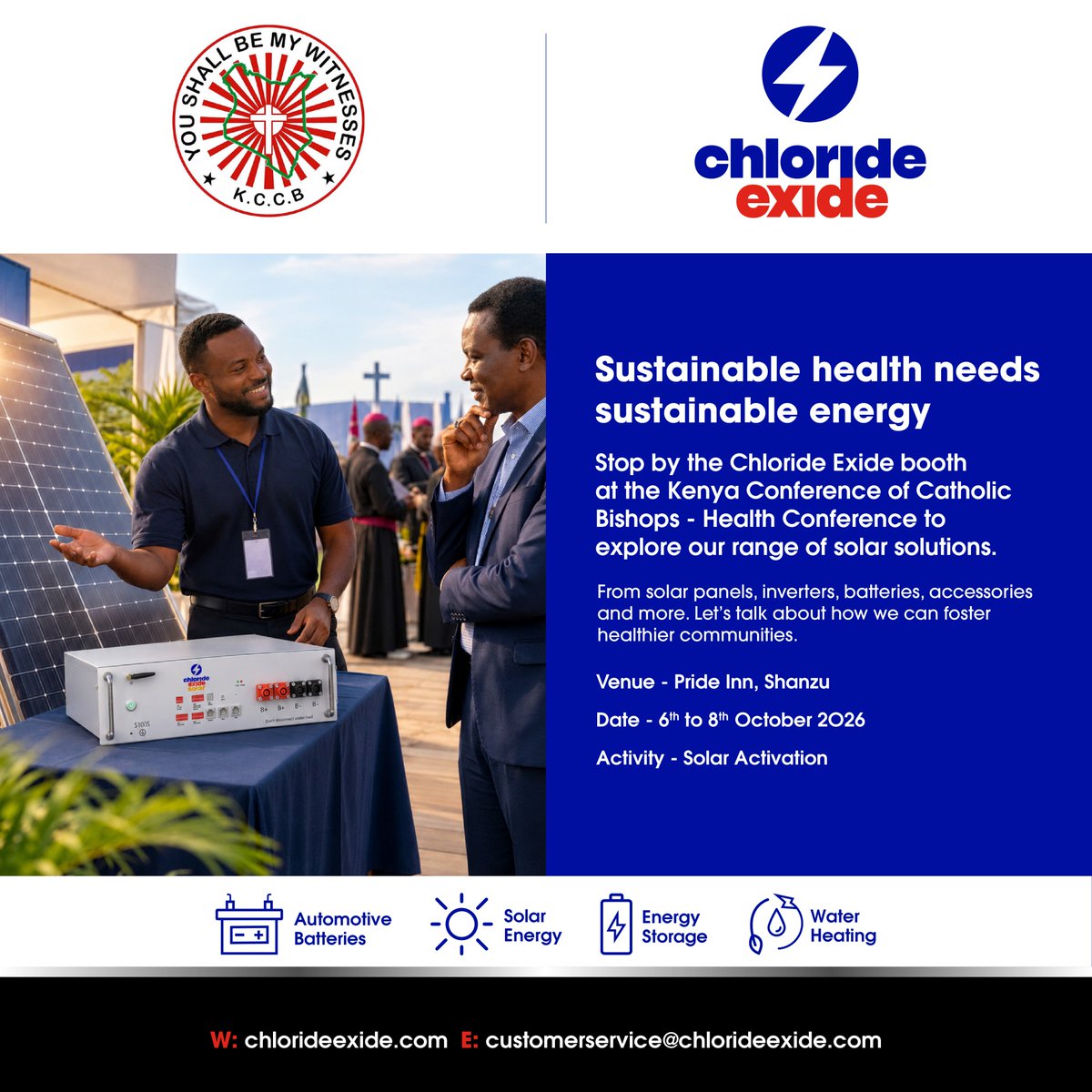 chlorideexide's tweet photo. Chloride Exide is at the Kenya Conference of Catholic Bishops Health Conference, showcasing smart solar solutions designed to support healthier, more sustainable communities. 

From solar panels and energy storage to inverters and more, stop by our booth and discover how we can help power a more sustainable future. 

See you soon!

📍 PrideInn Paradise Beach Resort in Shanzu 
📅 Tuesday 6th – Thursday 8th October, 2026

#ChlorideExide 
#EnergySolutionsForAll