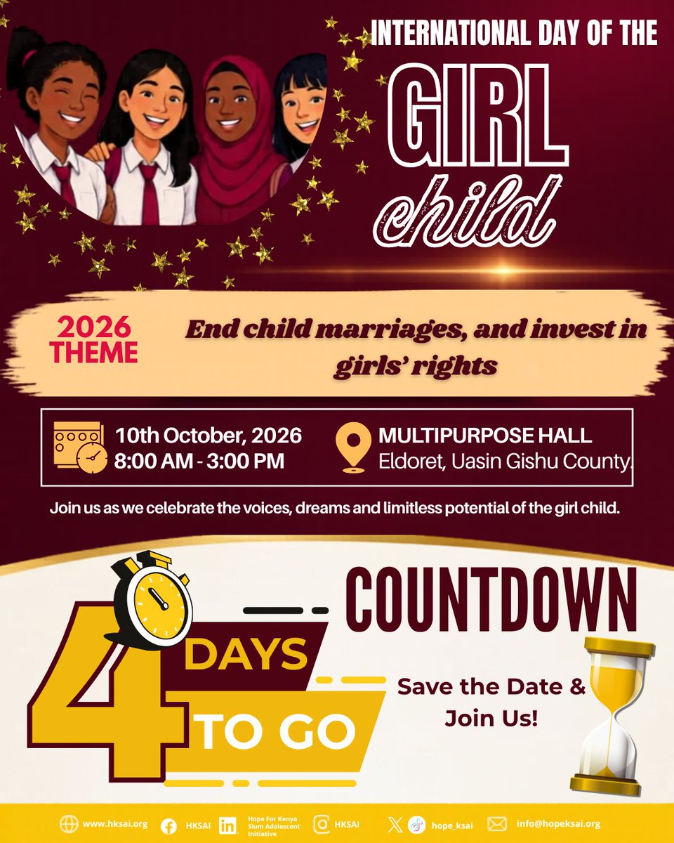 Hope_ksai's tweet photo. 4 days to go to International Day of the Girl Child! 💜 Join HKSAI on 10th Oct as we celebrate and invest in girls' education, dignity and leadership. Building Hope. Transforming Futures. #DayOfTheGirl #IDGC2026 https://t.co/CIxPHHOs2G