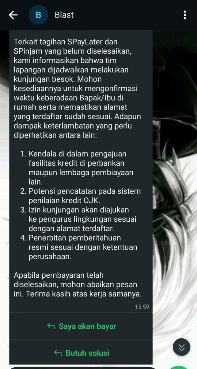 raadsqaw's tweet photo. Wow debut di chat blast 😱 #wargadebtfree mau tanya ini template apa gimana yaa? https://t.co/ZcuHBE5l4M