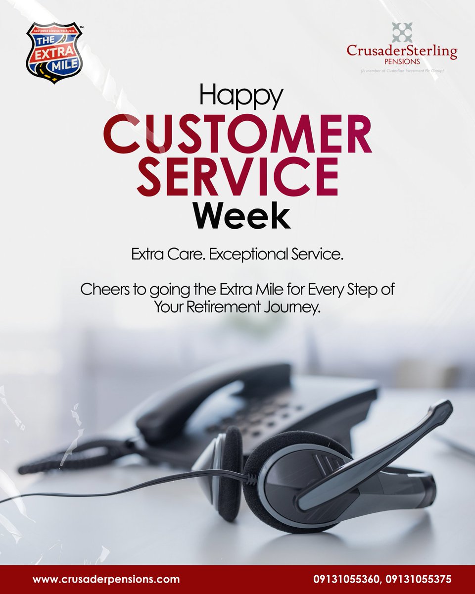 CSPensions's tweet photo. Happy Customer Service Week! 🎉

At CrusaderSterling Pensions, we believe exceptional service goes beyond meeting expectations. It is about showing extra care, listening, and going the extra mile at every step of your retirement journey.

This Customer Service Week, we celebrate our customers and the people who make exceptional service possible.

Here’s to extra care, exceptional service, and a better experience every step of the way.

#CustomerServiceWeek2026 #TheExtraMile #CrusaderSterlingPensions #CustomerExperience #PensionsForAll
