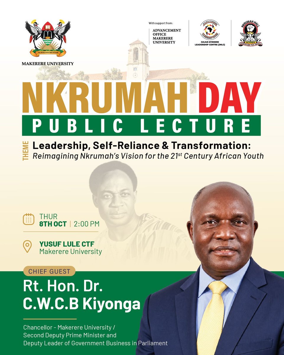 MakerereNews's tweet photo. The Annual #NkrumahDay Public Lecture will be held this Thursday 8th October 2026 at Yusuf Lule Auditorium.
Do not miss! https://t.co/U8annXViwK