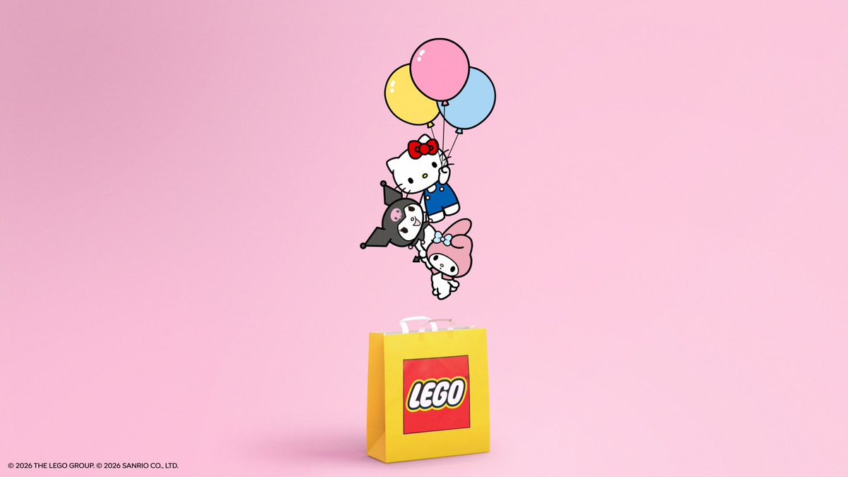 Promotional image for a LEGO x Sanrio collaboration featuring Hello Kitty, Kuromi, and My Melody clinging to a cluster of pink, yellow, and blue balloons attached to a yellow LEGO gift bag, set against a pink background.