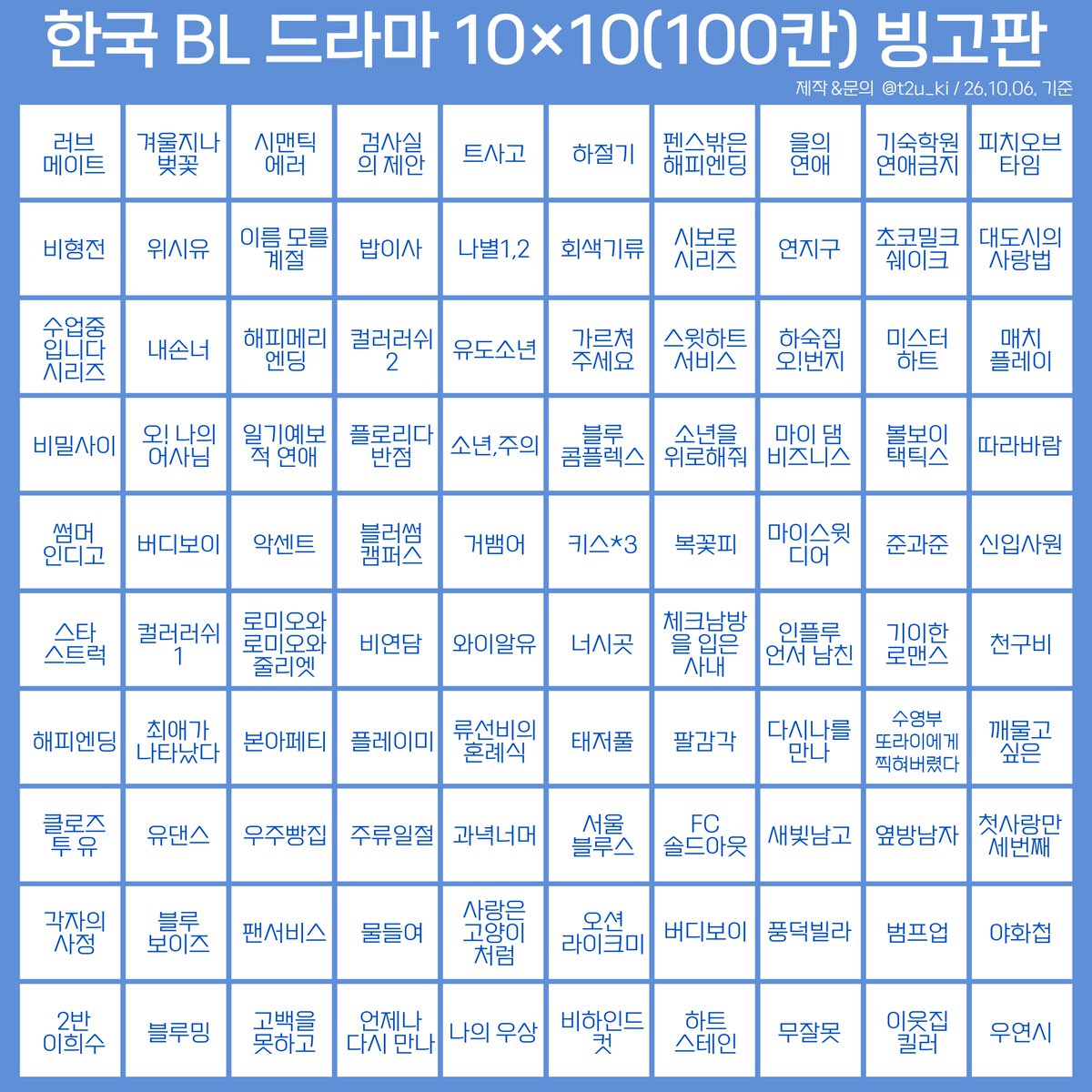 t2u_ki's tweet photo. 2020년~2026년 한국 #BL 드라마 10×10(100칸) 빙고판
→나별, 수업중입니다, 시보로 등 시즌벨드 경우 칸 수를 위해 묶음
→일부 숏폼이나 작품이 없을 수 있음
→재미로 만든 빙고판(진지모드 NO)
→공유 많이 해주세요~ 문의는 스핀&amp;디엠 주세요!

#KBL #비엘 https://t.co/JrIDBkocbm