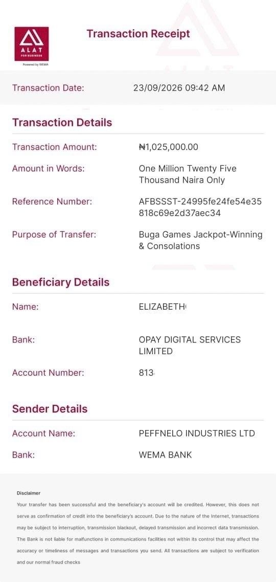 buga4gamez's tweet photo. Another Buga Games winner don collect ₦1,000,000! 🙆‍♂️

He played with ₦5,000 and he won ₦1,000,000. Receipt dey below Check how Buga Games works by visiting our website: https://t.co/7DEzYa3V8r https://t.co/4vROhq08uj