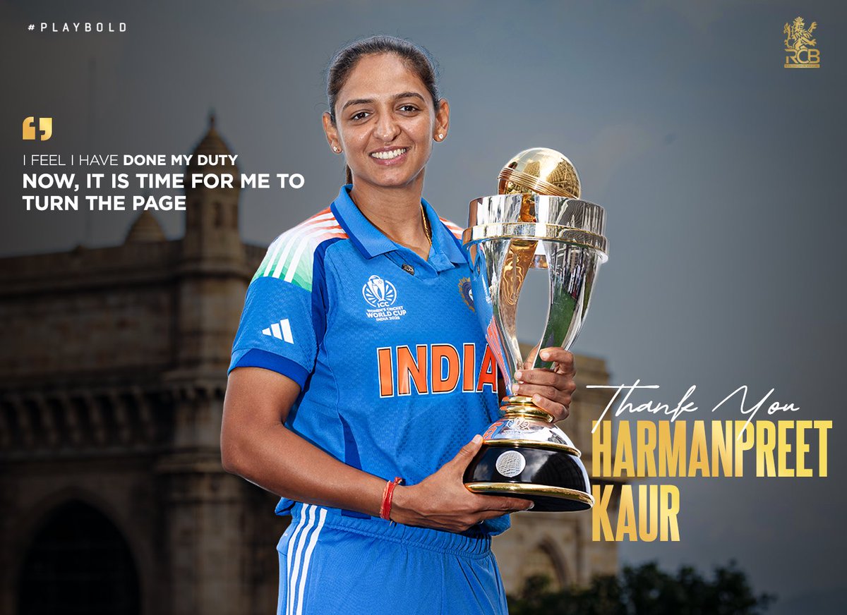 RCBTweets's tweet photo. 𝗛𝗲𝗿 𝗰𝗮𝗽𝘁𝗮𝗶𝗻𝗰𝘆 𝗰𝗵𝗮𝗽𝘁𝗲𝗿 𝗲𝗻𝗱𝘀. 𝗧𝗵𝗲 𝗹𝗲𝗴𝗮𝗰𝘆 𝗰𝗼𝗻𝘁𝗶𝗻𝘂𝗲𝘀. ♾️🇮🇳

🔥 𝘈𝘯 𝘖𝘋𝘐 𝘞𝘰𝘳𝘭𝘥 𝘊𝘶𝘱. 🏆
✨ 𝘉𝘢𝘤𝘬-2️⃣-𝘉𝘢𝘤𝘬 𝘈𝘴𝘪𝘢𝘯 𝘎𝘢𝘮𝘦𝘴 𝘎𝘰𝘭𝘥𝘴. 🥇🥇
🫡 𝘖𝘯𝘭𝘺 𝘊𝘢𝘱𝘵𝘢𝘪𝘯 𝘵𝘰 𝘭𝘦𝘢𝘥 1️⃣5️⃣0️⃣+ 𝘛20𝘐 𝘨𝘢𝘮𝘦𝘴. 🤯
..and many moments that pushed Indian women’s cricket forward. ❤️‍🔥

Thank you, Harman. For leading, believing and taking 🇮🇳 to greater heights. 🫡❤️

#PlayBold #ನಮ್ಮRCB