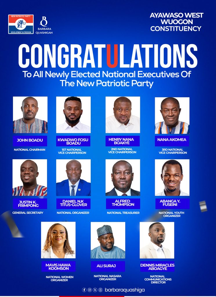 barbaraquashiga's tweet photo. Congratulations to all newly elected national executives of the New Patriotic Party. 

#TheLioness
#BarbaraQuashigah
#ObiaaNsaWom https://t.co/0dyEoacoVN