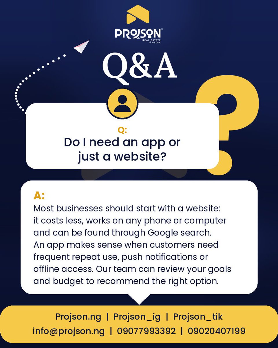projson_tw's tweet photo. Do you need an app or just a website? π€
Don't guess, get it right the first time. DM us we'll recommend the best option for your goals and budget.
#Projson #WebsiteOrApp #WebDesignNigeria #BusinessWebsite #TechTips https://t.co/68SBc6CTE9
