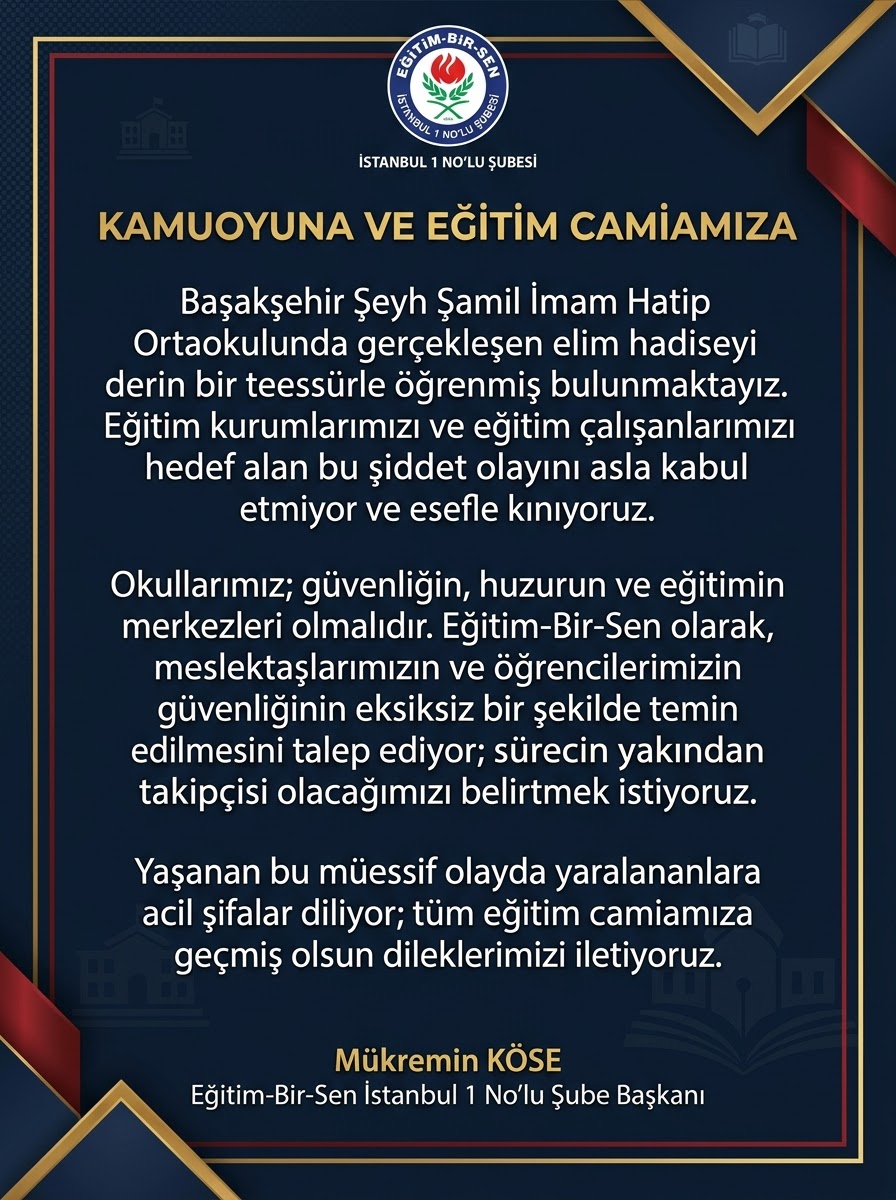 mukreminkose's tweet photo. Başakşehir Şeyh Şamil İmam Hatip Ortaokulunda gerçekleşen elim hadiseyi derin bir teessürle öğrenmiş bulunmaktayız.

 Eğitim kurumlarımızı ve eğitim çalışanlarımızı hedef alan bu şiddet olayını asla kabul etmiyor ve esefle kınıyoruz.

​Okullarımız; güvenliğin, huzurun ve eğitimin merkezleri olmalıdır. Eğitim ortamlarında yaşanan her türlü şiddet vakası, eğitim sistemimizin işleyişine ve toplumsal huzurumuza zarar vermektedir.

 Eğitim-Bir-Sen olarak, meslektaşlarımızın ve öğrencilerimizin güvenliğinin eksiksiz bir şekilde temin edilmesini talep ediyor; faillerin adalet önünde hesap vermesi için başlatılan hukuki sürecin kurum olarak yakından takipçisi olacağımızı belirtmek istiyoruz.

​Yaşanan bu müessif olayda yaralananlara acil şifalar diliyor; Başakşehir Şeyh Şamil İmam Hatip Ortaokulu idaresine, öğretmenlerimize, öğrencilerimize ve tüm eğitim camiamıza geçmiş olsun dileklerimizi iletiyoruz.

@EgitimBirSen 
@ebsistanbul1