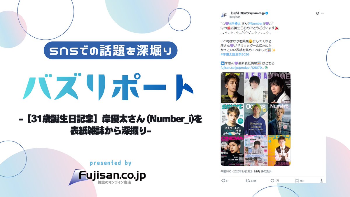 Fujisan's tweet photo. 【#Fujisan記事 バズリポート更新📝】
2026/9/29は #岸優太 さん💜(#Number_i)の
お誕生日でした🎂🎉🎂🎉🎂🎉
岸さん💜過去の表紙📚と
雑誌掲載インタビューを振り返り💡✨
▶️記事はこちらから https://t.co/T96Lw5buHs https://t.co/W9vrW2QvLQ