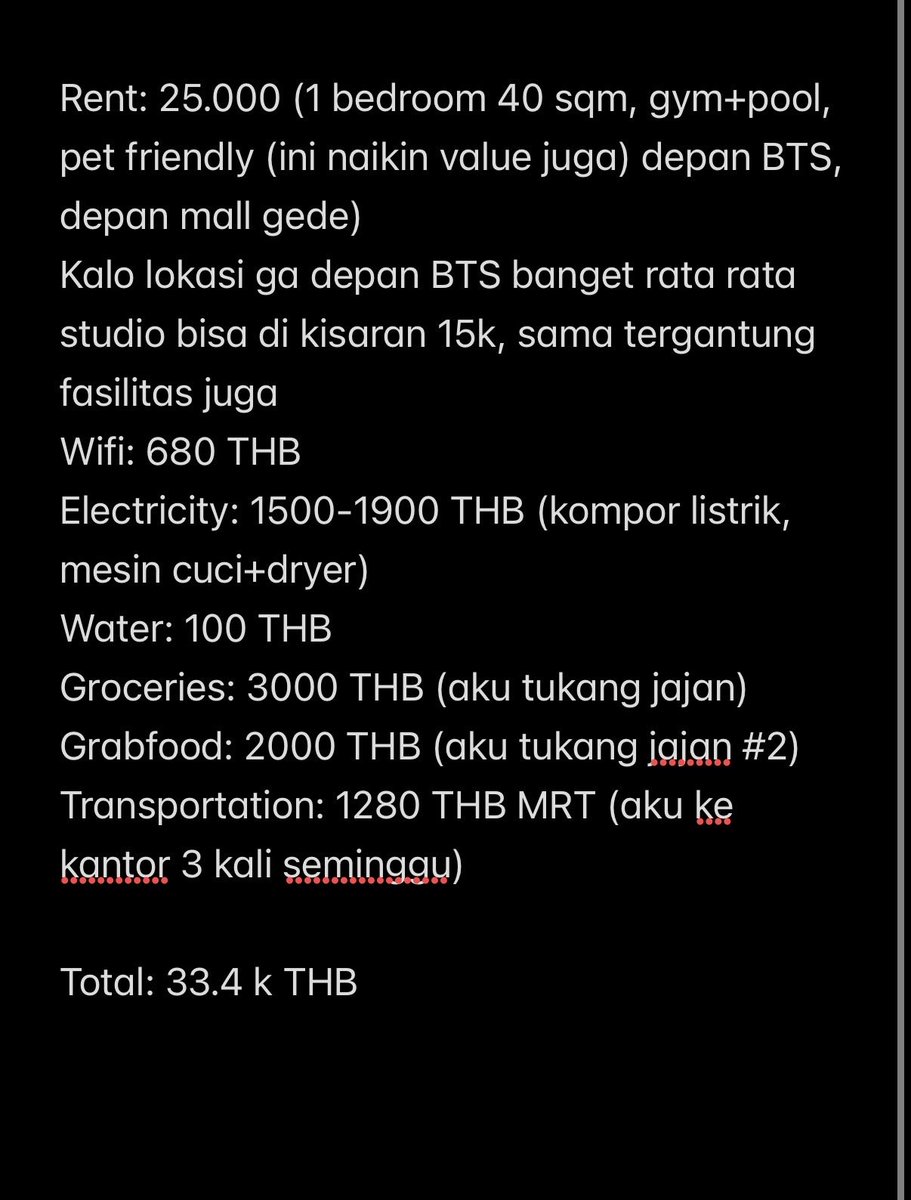 __Astari's tweet photo. Sharing biaya hidup di Bangkok, untuk single yang ga hemat. Ini hitungannya sangat nyaman ya, karena aku manja 😌. Tapi kalo misalkan mau di apartment studio bisa 23-25k aja pengeluaran sebulan. Dengan minimal salary Indonesian di 35k (gross) bisa nabung mayan itu https://t.co/vkNTtvPChq