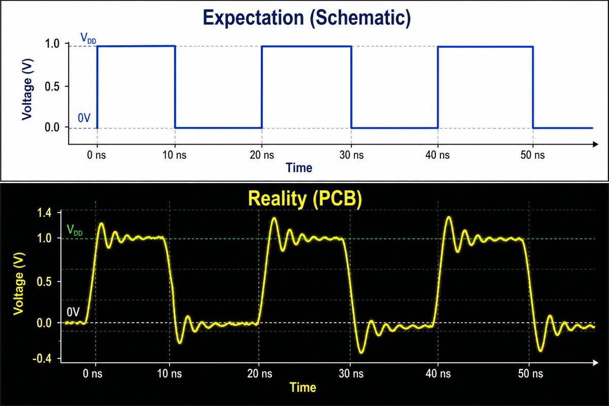 RaymingTech's tweet photo. The myth of the "digital" signal (spoiler: it's all analog). 📡

Here's a reality check for digital designers: pure digital signals don't actually exist in the physical world. 🤯

On a schematic, a net looks like a clean, ideal line passing neat 1s and 0s. But the moment you route that net onto a real PCB—with sub-nanosecond rise times—you've left the digital domain behind.

You're now deep in the world of high-frequency analog electromagnetics.

✅ Every trace becomes a transmission line.
✅ Every via behaves like an inductor and a capacitor.

That's where Signal Integrity (SI) comes in.

SI is the art of ensuring that the "1" your transmitter sends still looks like a "1" when it reaches the receiver—despite all the analog physics (reflections, crosstalk, loss) trying to distort it along the way.

To build reliable, high-speed boards, we have to stop thinking purely in 1s and 0s. Instead, think voltage, current, and impedance over time.

💬 What was your first "welcome to the analog world" moment as a digital designer? Drop your story below!

#SignalIntegrity #PCBDesign #HardwareEngineering #HighSpeedDesign #Electronics