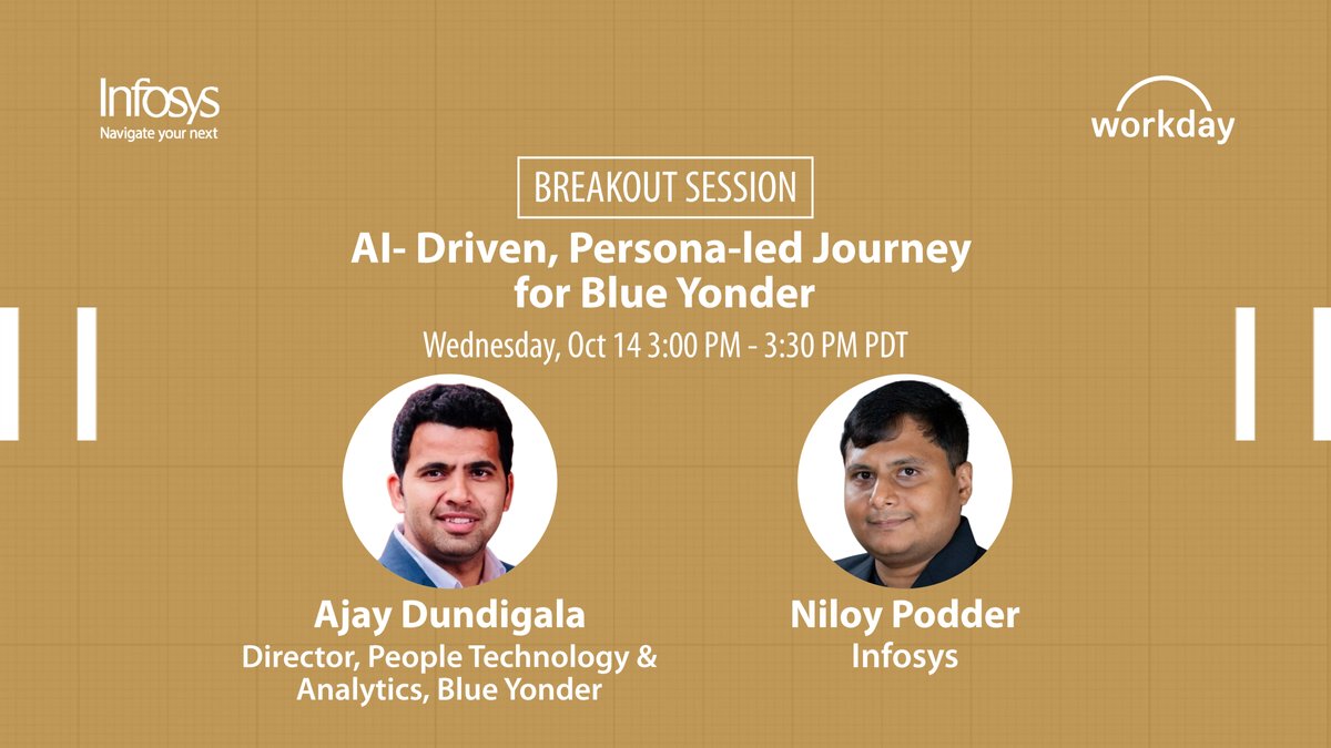 InfosysEvents's tweet photo. Breakout Session at Workday Rising 2026 📢

Discover how Blue Yonder partnered with Infosys to transform the employee journey through an AI-driven, persona-led Workday strategy — modernizing onboarding, connecting talent processes, and enhancing workforce visibility. https://t.co/KgaeugxuED *

#InfyatWDRising2026 #WDAYRising #BlueYonder #Workday #FutureOfWork #EmployeeExperience #TalentTransformation #AI #HRTransformation 

@Workday 

*Registration link will direct to the partner's website, and their privacy policy applies.
