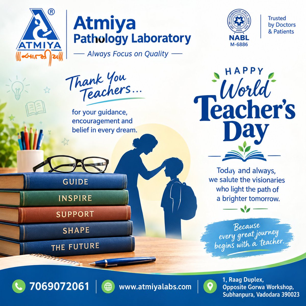 atmiyalab's tweet photo. 🌍✨ Happy World Teacher’s Day!
Today we celebrate those who guide, inspire, and shape the future — .📚
#WorldTeachersDay #ThankYouTeachers #AtmiyaPathologyLaboratory #AlwaysFocusOnQuality #EducationMatters #TeachersInspire #LearningNeverStops #HealthcareWithHeart #Vadodara https://t.co/t8hu8eaBMc