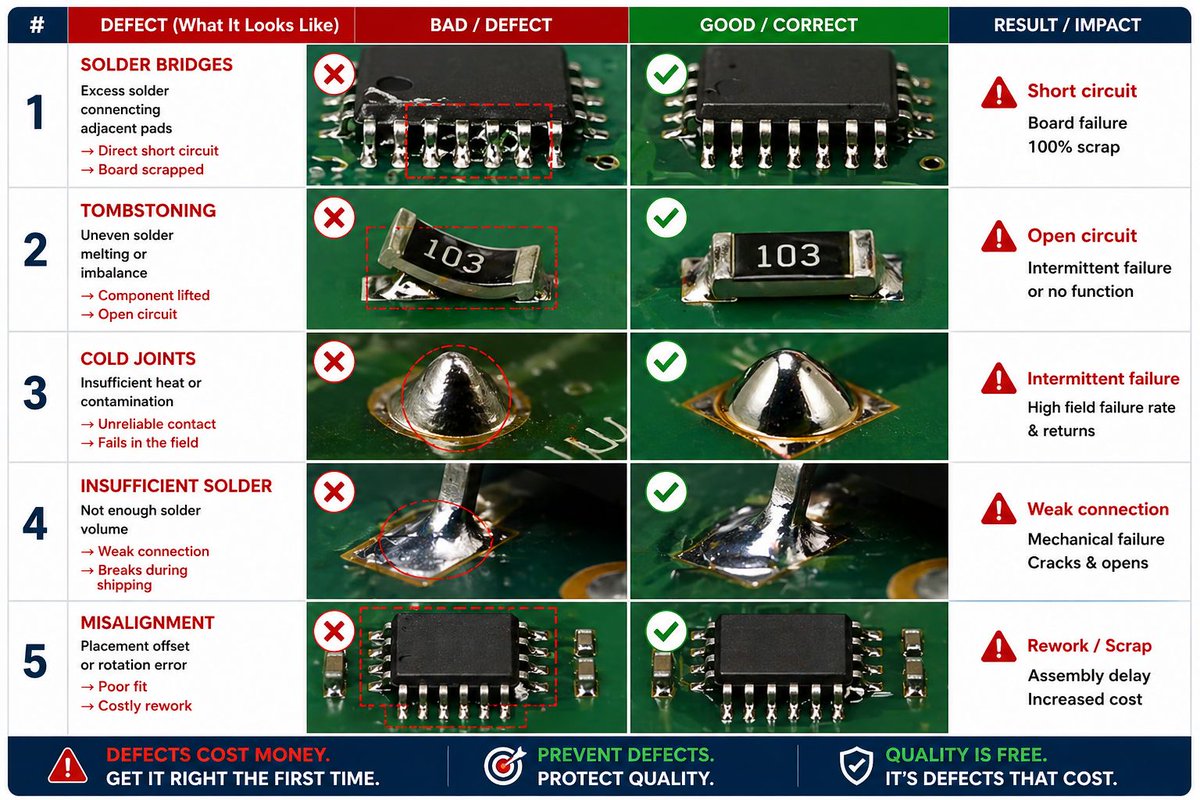 RaymingTech's tweet photo. Top 5 SMT Defects That Cost You $10,000+ (And How to Avoid Them)

Most people assume SMT is fully automated.
❌ It’s not.

In fact, that misconception costs the electronics industry $10 billion every year.

Even with million-dollar high-speed pick-and-place machines and advanced reflow ovens, defects still happen daily.
The worst part? 80% are completely preventable.

And they almost always trace back to one of these 5 common defects:

🔹 Solder bridges → Direct short circuit = entire board scrapped
🔹 Tombstoning → One side of component lifts = open circuit
🔹 Cold joints → Unreliable contact = field failures
🔹 Insufficient solder → Weak connection = breaks during shipping
🔹 Misalignment → Placement errors = costly rework

I’ve seen each of these cost a company $50,000+ in a single batch.

⚠️ The real insight?

None of these were random accidents.
They all came down to the same 3 tiny process variations — ones that 90% of EMS factories ignore to save 10 minutes a day.

And those 10 minutes often lead to $10,000+ in rework:

• Bad stencil design
• Uncalibrated reflow temperature profiles
• Outdated placement machine calibration

In EMS, a 0.01mm mistake in stencil design can become a $100,000 loss in production.

✅ How we eliminate these defects before they happen

This isn't rocket science. It's just doing the basics right — the basics that 90% of factories skip to save 10 minutes.

❌ Typical factory✅ What we do
One-size-fits-all stencilsCustom stencils for every component
Calibrate rarelyCalibrate weekly + verify per batch
Occasional placement checksDaily placement accuracy checks
No FAI100% First Article Inspection (FAI)
AOI onlyAOI + X-ray for all hidden joints
Manufacturing isn't just about machines. It's about control, precision, and refusing to cut corners.

If you're an engineer, mastering these basics will save you more time, money, and headaches than any new machine ever will.

👇 Which of these defects has given you the worst headache? Drop a comment below.

#SMT #PCBA #ElectronicsManufacturing #QualityControl #LeanManufacturing