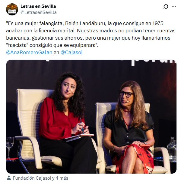 agarciasanjuan's tweet photo. Hay que reconocer a @LetrasenSevilla y @Cajasol por descubrir que las mujeres españolas gozan de derechos gracias a la Falange. Quién podía imaginarse que algo llamado «1936: La guerra que todos perdimos» iba a servir para blanquear el fascismo y el franquismo. https://t.co/cOP9bgpruP