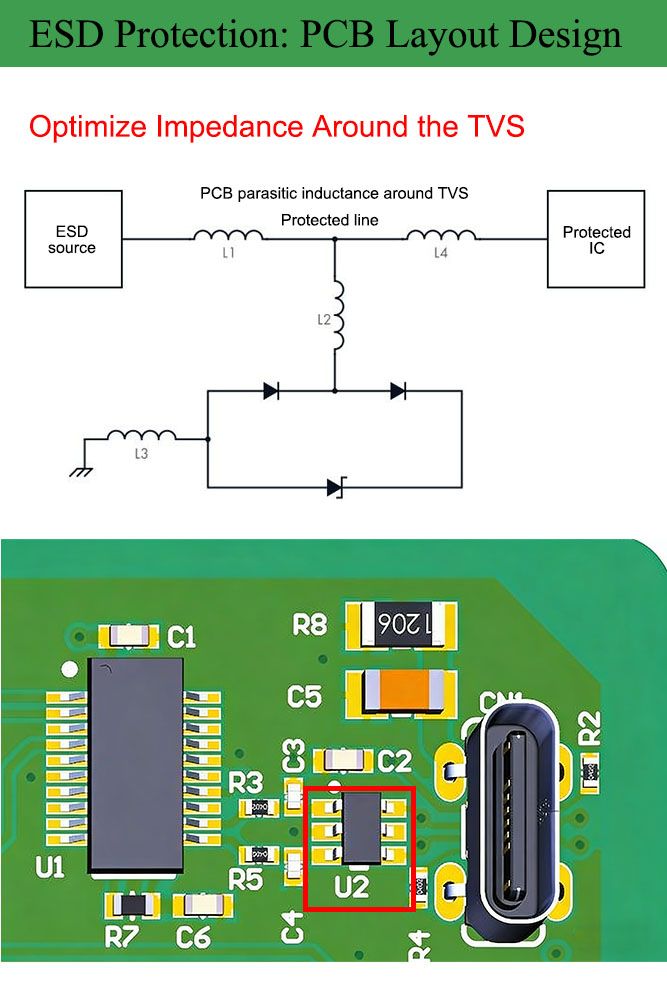 RaymingTech's tweet photo. ESD Protection in PCB Layout: 6 Practical Guidelines

ESD can quietly ruin a robust design. Here are several proven layout practices to keep your electronics safe.

🟡 Optimize impedance around the TVS
Every trace has parasitic inductance. In a typical protection path, you’ll find inductance between:

ESD source → TVS

TVS → GND

TVS → protected IC

🔑 Key principle:
Make the impedance between TVS and IC higher than the path from the ESD source to the TVS. This forces the surge current into the protection device — not your IC.

🟡 Limit EMI from ESD pulses
Fast voltage transitions from ESD can radiate strong EMI. Nearby traces act like antennas or capacitive couplers, spreading energy into other circuits.

✅ How to reduce coupling:

Isolate protection areas from sensitive signals

Don’t route unprotected signals near ESD paths

Use short, direct traces

Avoid sharp routing angles

🟡 Use vias carefully
Vias add inductance. If your signal path from the ESD source to the IC includes vias before the TVS, some ESD energy may bypass protection.

👉 Best practice:
Keep the ESD source and TVS on the same layer. Avoid vias between them — ensure the ESD current hits the TVS first.

🟡 Place the ESD suppressor properly
Position the TVS as close as possible to the ESD entry point (USB, HDMI, Ethernet, external cables). The goal: intercept the surge immediately.

📌 Golden rule:
Connector → TVS → protected IC
Order is everything.

🟡 Avoid vias between ESD source and suppressor (even when unavoidable)
If vias can’t be avoided, be extra careful. Wrong routing can steer ESD current toward the IC before reaching the TVS.

A better compromise:

Keep the TVS directly in the signal path

Place the protected circuit downstream of the suppressor

🟡 Provide proper grounding
A TVS is only as good as its ground connection. High-impedance ground kills clamping performance.

✅ Recommended:

Connect TVS directly to the ground plane

Use multiple ground vias

Keep the ground path short and wide

This creates a low-impedance path for safe ESD dissipation.