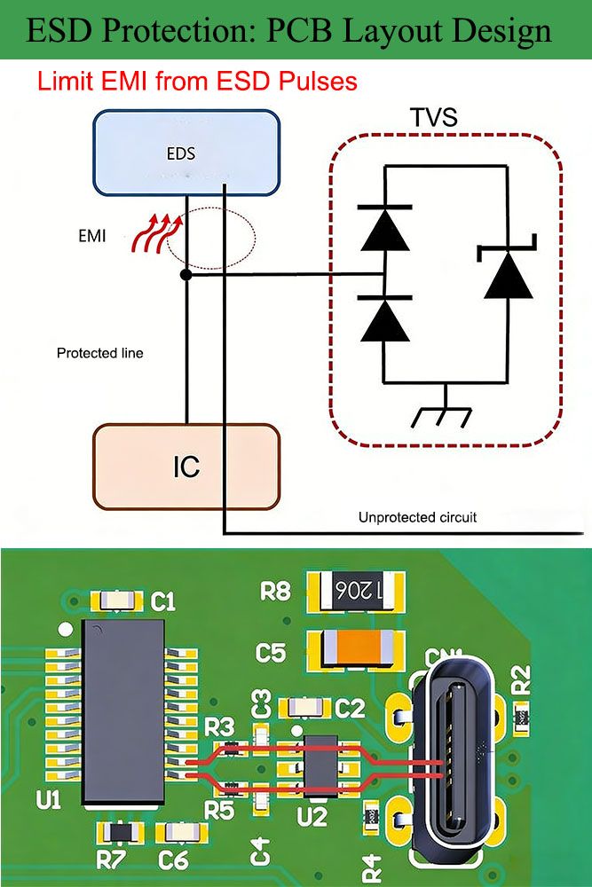 RaymingTech's tweet photo. ESD Protection in PCB Layout: 6 Practical Guidelines

ESD can quietly ruin a robust design. Here are several proven layout practices to keep your electronics safe.

🟡 Optimize impedance around the TVS
Every trace has parasitic inductance. In a typical protection path, you’ll find inductance between:

ESD source → TVS

TVS → GND

TVS → protected IC

🔑 Key principle:
Make the impedance between TVS and IC higher than the path from the ESD source to the TVS. This forces the surge current into the protection device — not your IC.

🟡 Limit EMI from ESD pulses
Fast voltage transitions from ESD can radiate strong EMI. Nearby traces act like antennas or capacitive couplers, spreading energy into other circuits.

✅ How to reduce coupling:

Isolate protection areas from sensitive signals

Don’t route unprotected signals near ESD paths

Use short, direct traces

Avoid sharp routing angles

🟡 Use vias carefully
Vias add inductance. If your signal path from the ESD source to the IC includes vias before the TVS, some ESD energy may bypass protection.

👉 Best practice:
Keep the ESD source and TVS on the same layer. Avoid vias between them — ensure the ESD current hits the TVS first.

🟡 Place the ESD suppressor properly
Position the TVS as close as possible to the ESD entry point (USB, HDMI, Ethernet, external cables). The goal: intercept the surge immediately.

📌 Golden rule:
Connector → TVS → protected IC
Order is everything.

🟡 Avoid vias between ESD source and suppressor (even when unavoidable)
If vias can’t be avoided, be extra careful. Wrong routing can steer ESD current toward the IC before reaching the TVS.

A better compromise:

Keep the TVS directly in the signal path

Place the protected circuit downstream of the suppressor

🟡 Provide proper grounding
A TVS is only as good as its ground connection. High-impedance ground kills clamping performance.

✅ Recommended:

Connect TVS directly to the ground plane

Use multiple ground vias

Keep the ground path short and wide

This creates a low-impedance path for safe ESD dissipation.