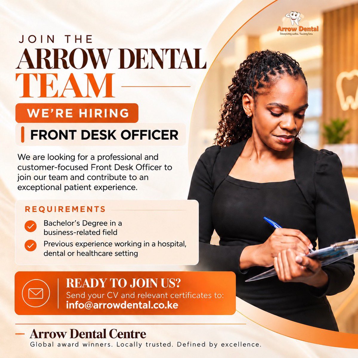 Arrow_Dental's tweet photo. Join our globally recognised team. ✨

📩 Send your CV to: info@arrowdental.co.ke

#arrowdental https://t.co/oEboED2Lni