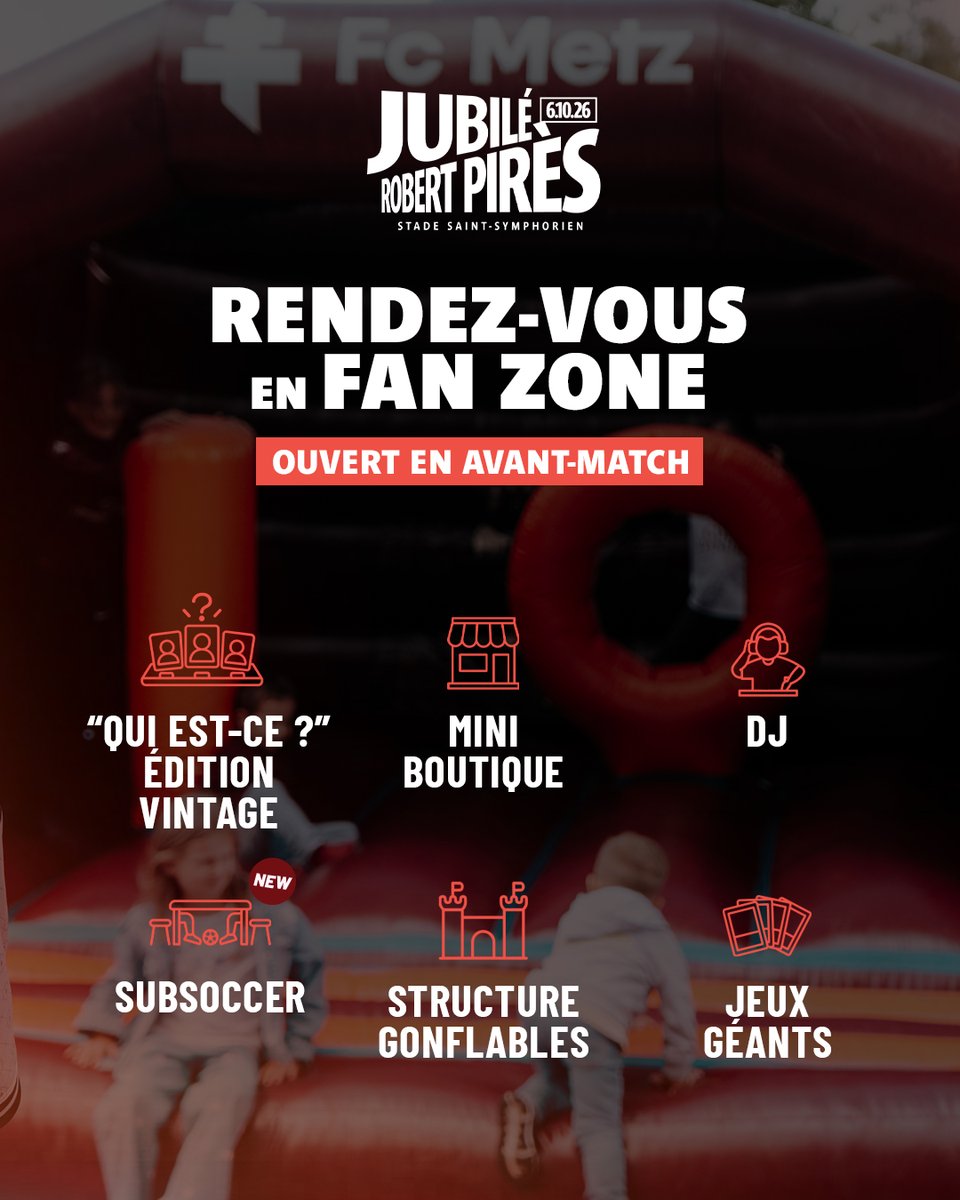 FCMetz's tweet photo. Les infos pratiques pour le Jubilé Robert Pirès 🔜    

𝗔𝗰𝗰𝗲̀𝘀 𝗮𝘂 𝘀𝘁𝗮𝗱𝗲   
𝗔𝗻𝗶𝗺𝗮𝘁𝗶𝗼𝗻𝘀 𝗙𝗮𝗻 𝗭𝗼𝗻𝗲  
𝗢𝘂𝘃𝗲𝗿𝘁𝘂𝗿𝗲 𝗱𝗲 𝗹𝗮 𝗕𝗼𝘂𝘁𝗶𝗾𝘂𝗲    

ℹ️ https://t.co/rvEeglroLX https://t.co/Mq9VDnBy6e