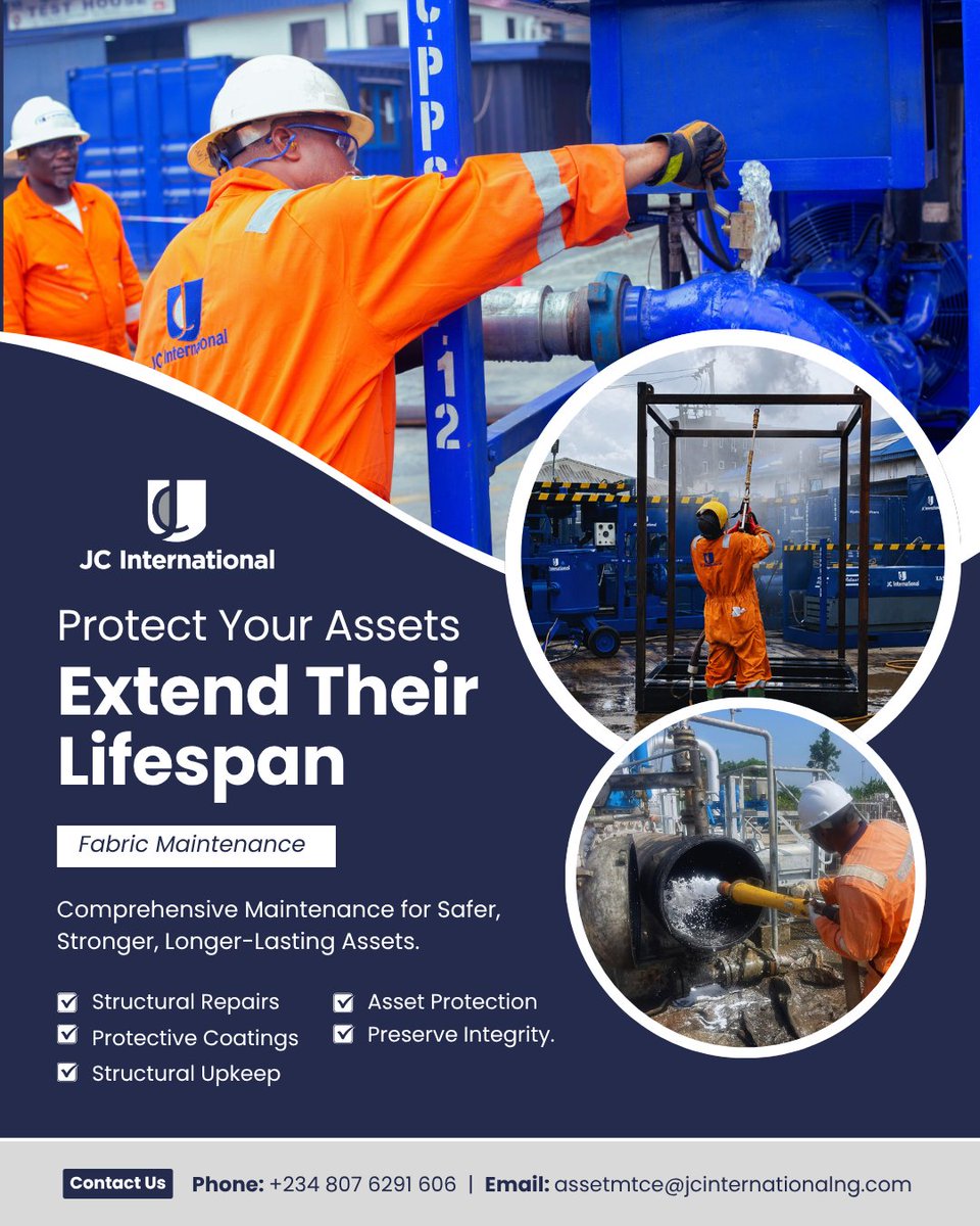 jcinterng's tweet photo. Daily exposure, wear, and demanding operating conditions can affect asset performance over time. Proper maintenance helps protect your assets, preserve their integrity, and extend their service life.
📞 +234 807 629 1606
📧 assetmtce@jcinternationalng.com
#JCInternational https://t.co/JY3sMPYNcy