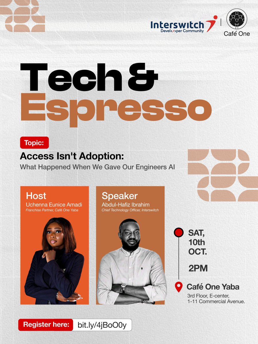 InterswitchDev's tweet photo. We and the good people @Cafeonenig are hosting our CTO, Abdul-Hafiz Ibrahim, this Saturday at 2pm. 

He'll speak on accesss ≠ adoption with and what happened when Interswitch gave its engineers access to AI. 

Register via - https://t.co/uh9cW73cYg https://t.co/clGwI66C97