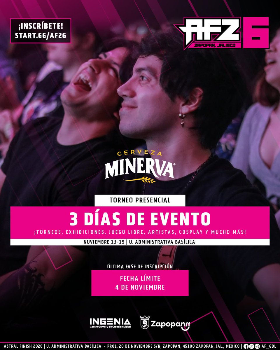af_gdl's tweet photo. Nos estamos esforzando más para mejorar la experiencia en #AF26 de todos los asistentes 🔥

📅13, 14 &amp; 15 de Noviembre
🌎Zapopan, Jalisco

El primer día tendremos cortesías de @CervezaMinerva para arrancar con todo 🤘

👇Inscríbete👇 https://t.co/iPQprne3RU